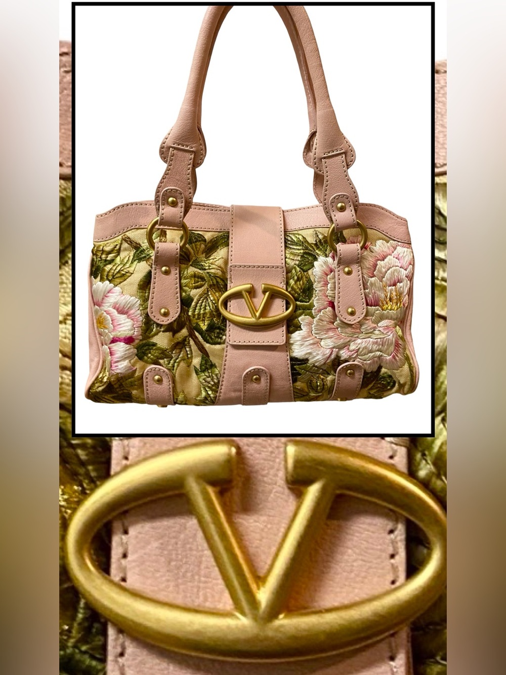 VALENTINO Garavani Pink Nude Leather Floral Embroidery Handbag NWT